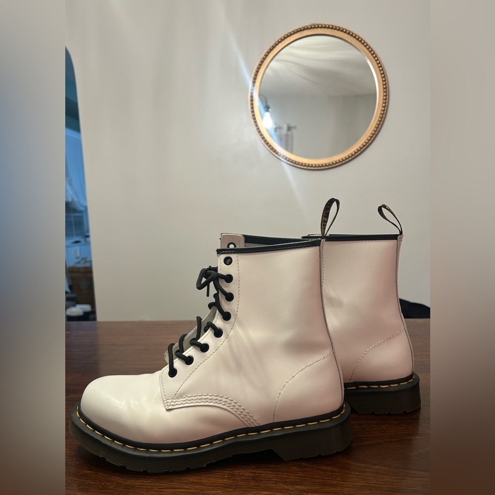 Dr. Martens Cream Lace-Up Combat Boots with Black Trim